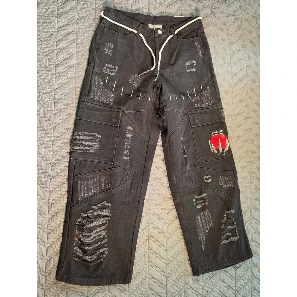 Sora Cruel Fate Distressed Cargo Pants Black Denim Heart Embroidery Mens Large